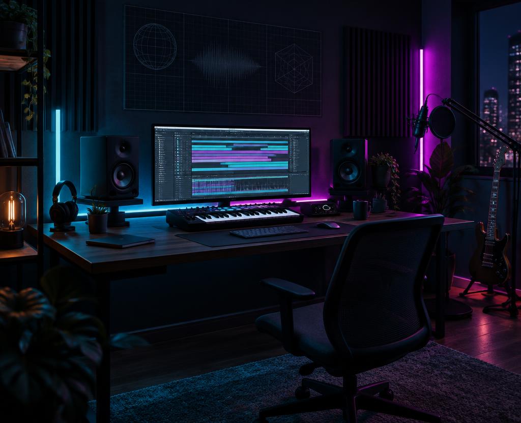 The Bottom Line Recording production room — screens and monitors glowing under cyan and magenta light